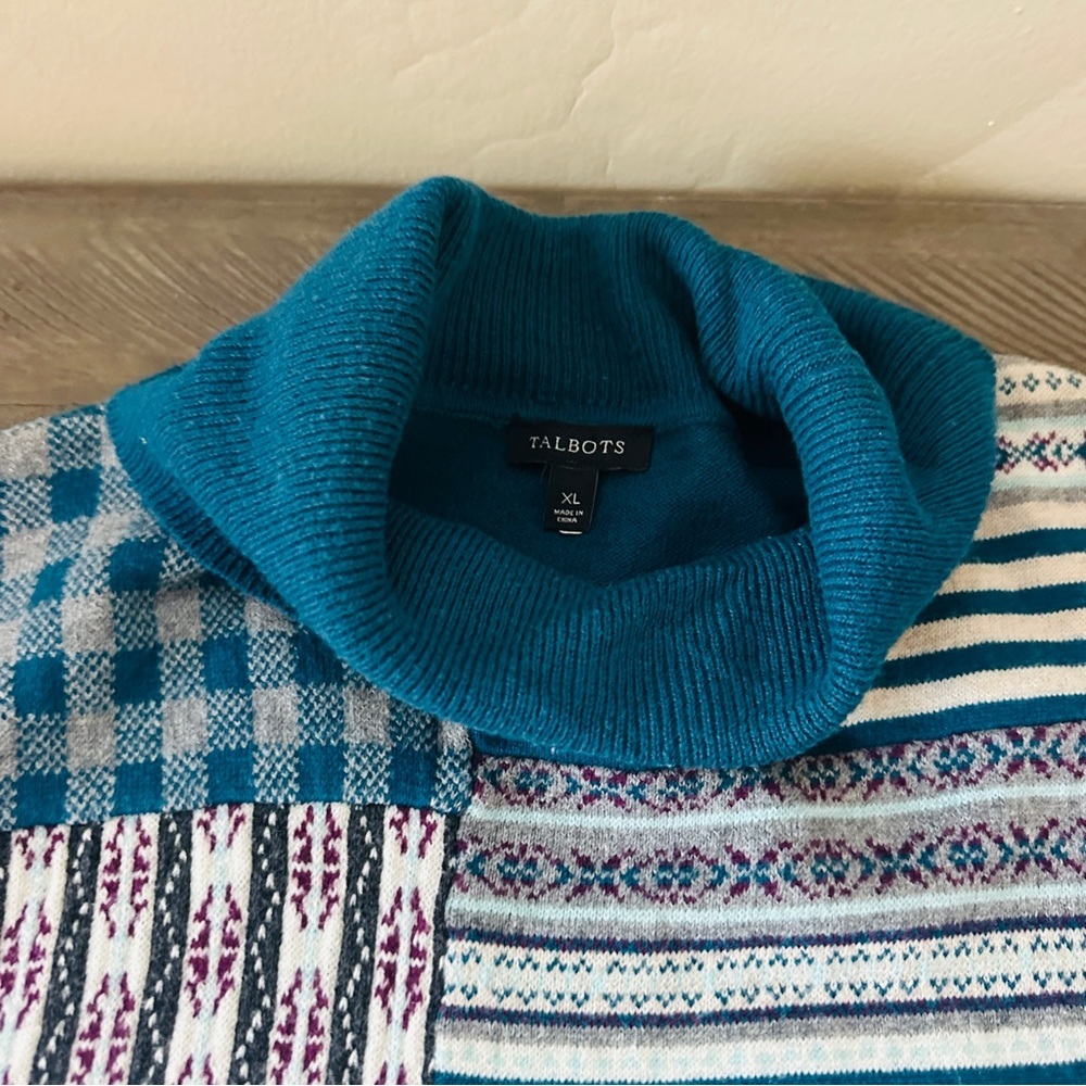 EUC Talbots Women’s Teal Blue Gray Purple Patchwork Turtleneck Sweater XL - Picture 3 of 6